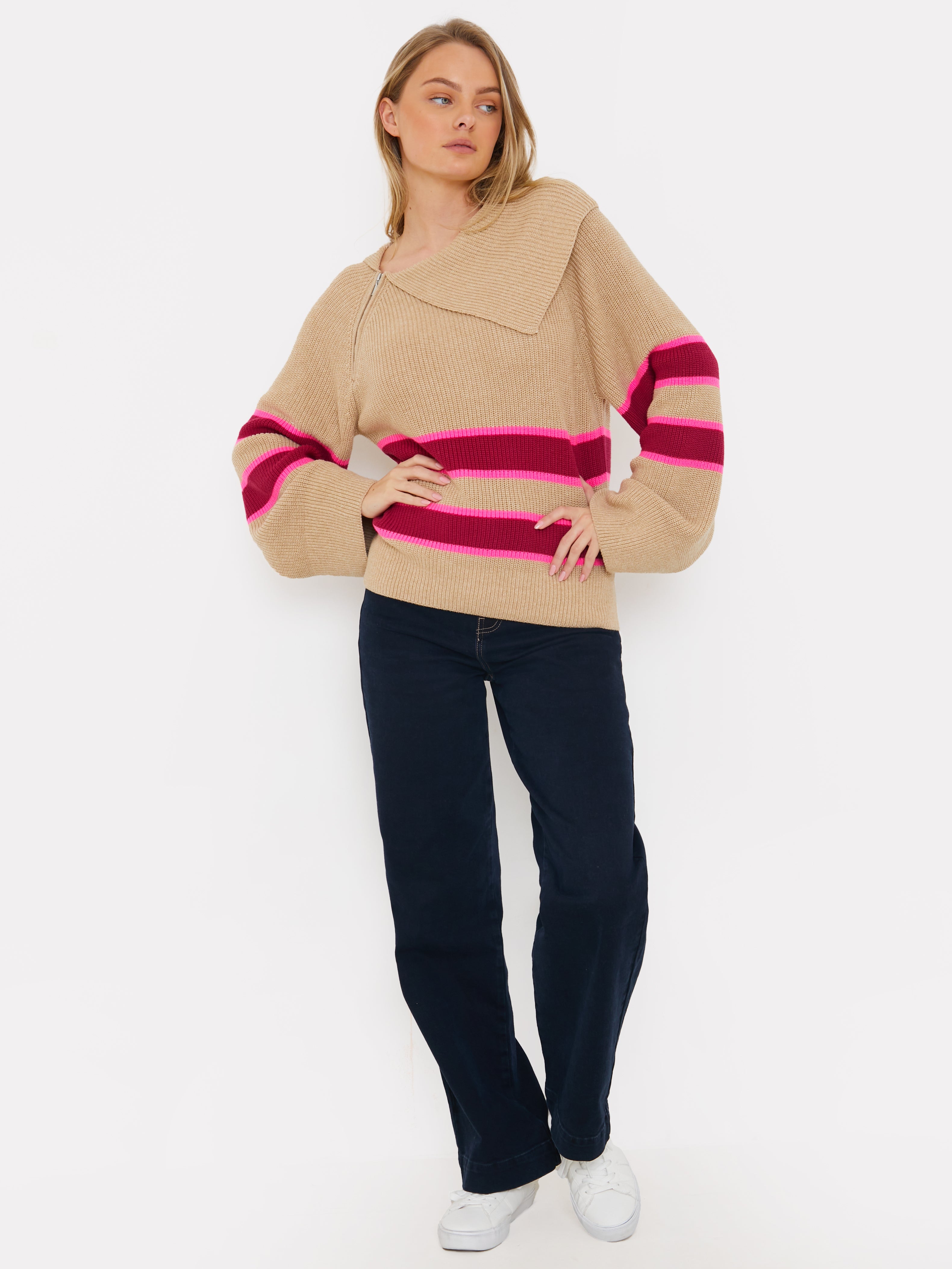 Stripe Asymmetric Zip Neck Jumper