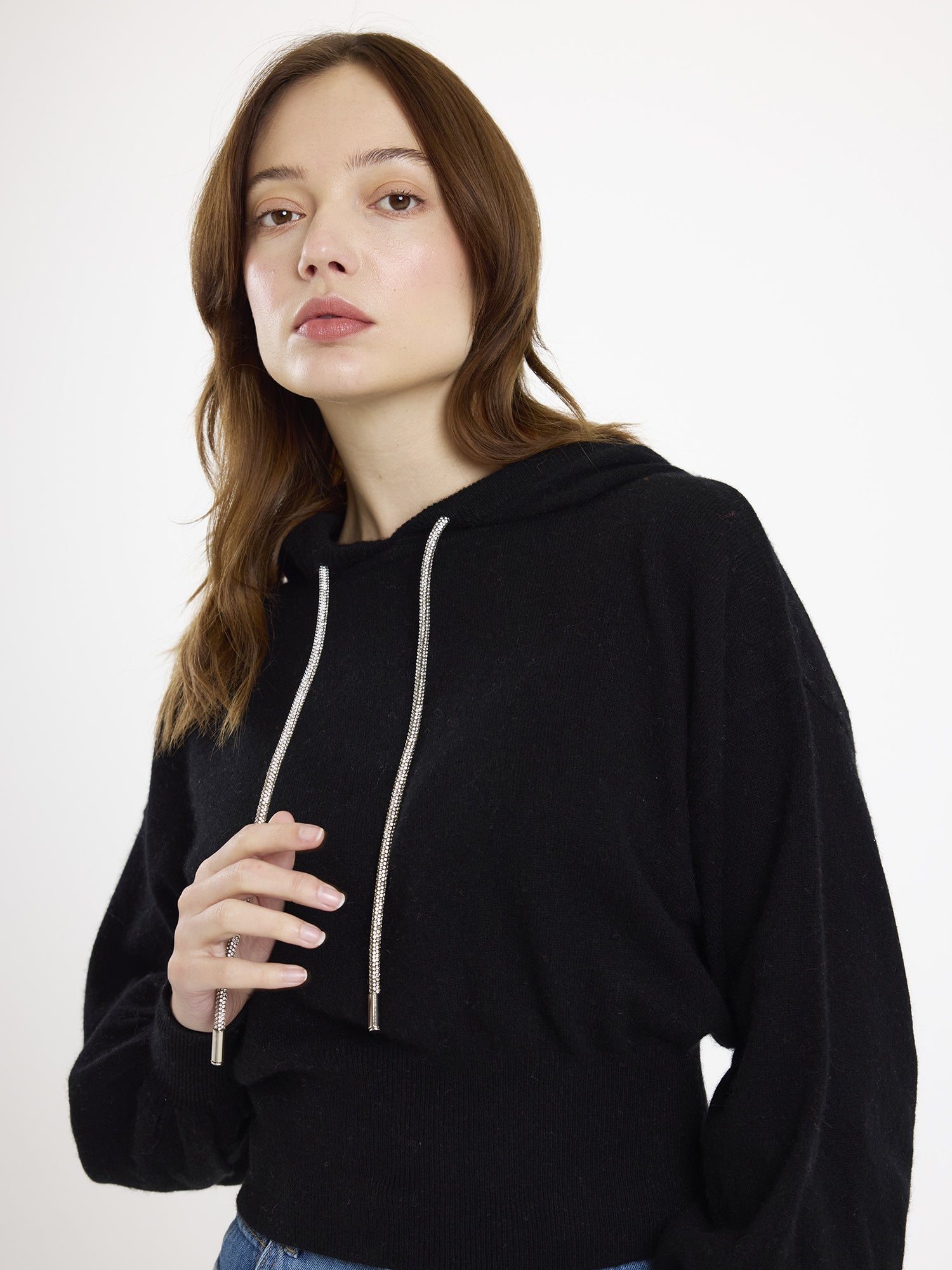 Hilary Rhinestone Drawstring Cashmere Hoodie