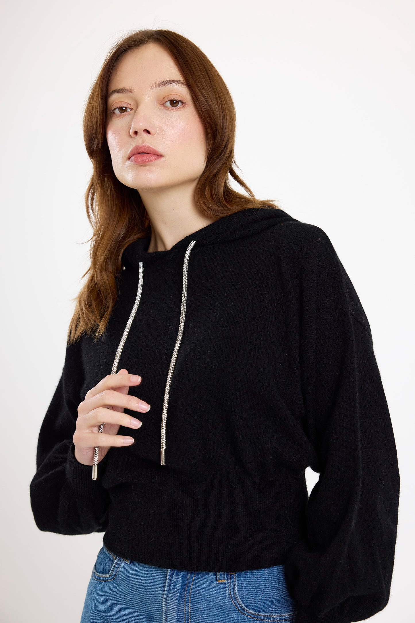 Hilary Rhinestone Drawstring Cashmere Hoodie