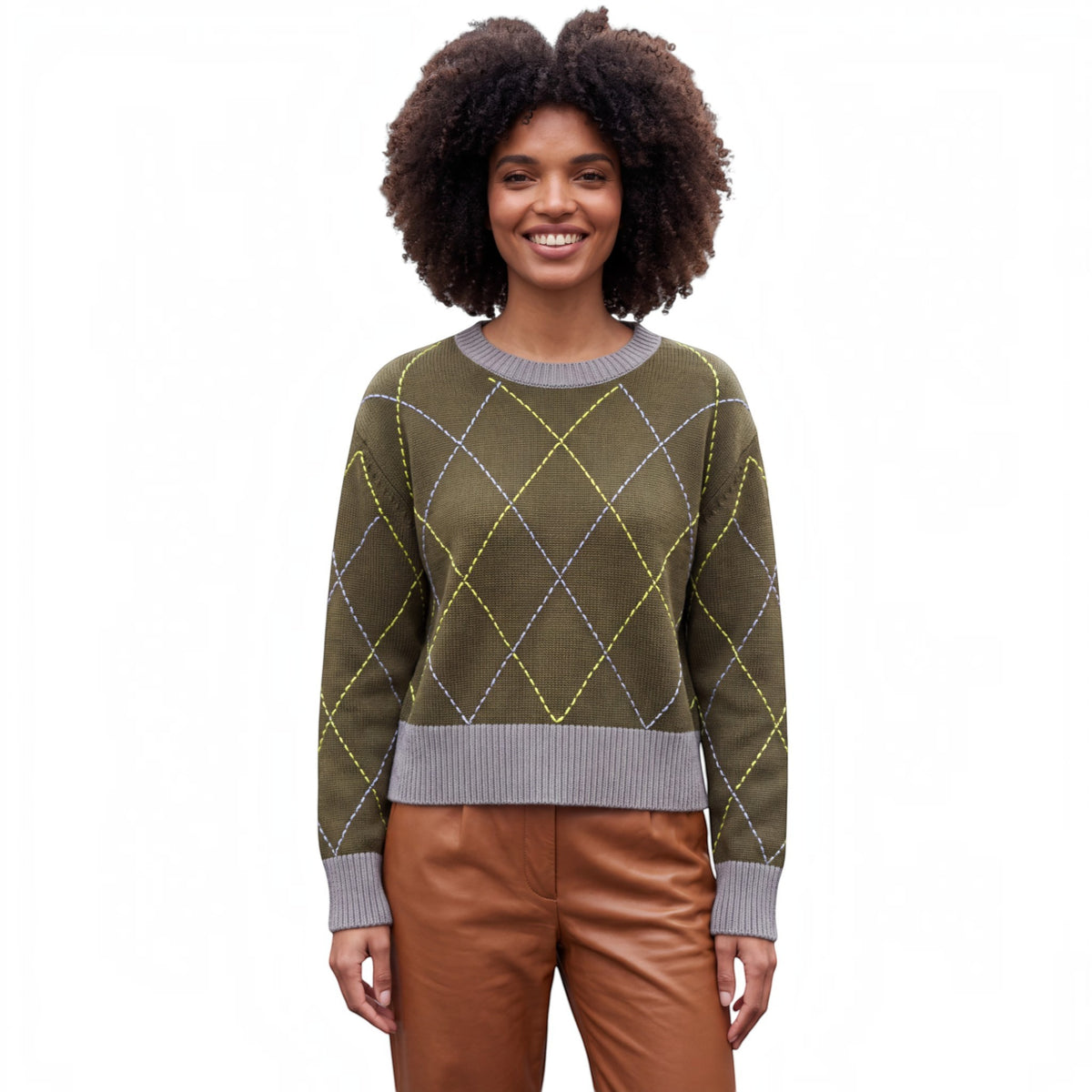CONTRAST DIAMOND STITCH CREW