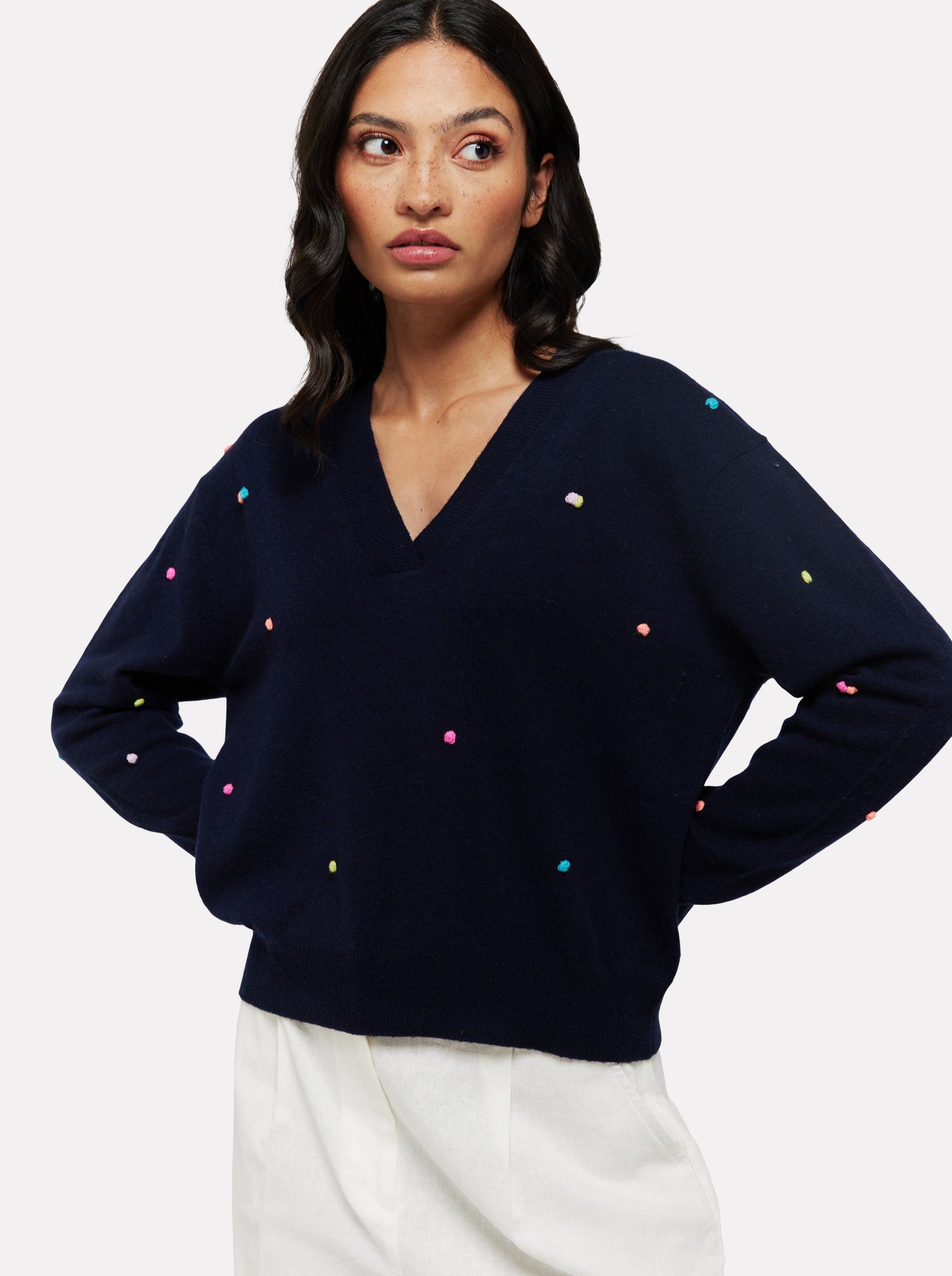 Millie Mini Pom V Neck Cashmere Knit