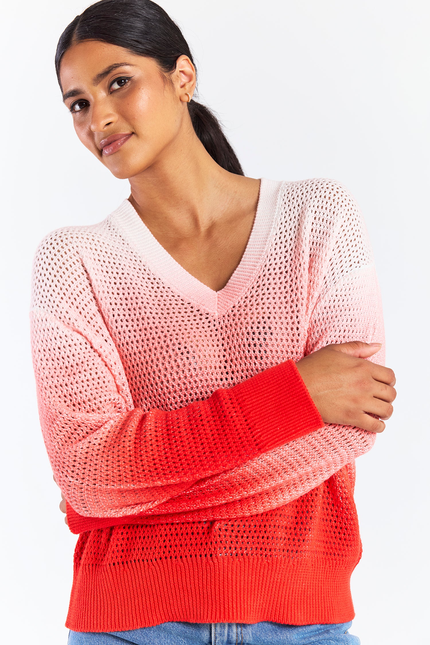 MESH DIP DYE V NECK