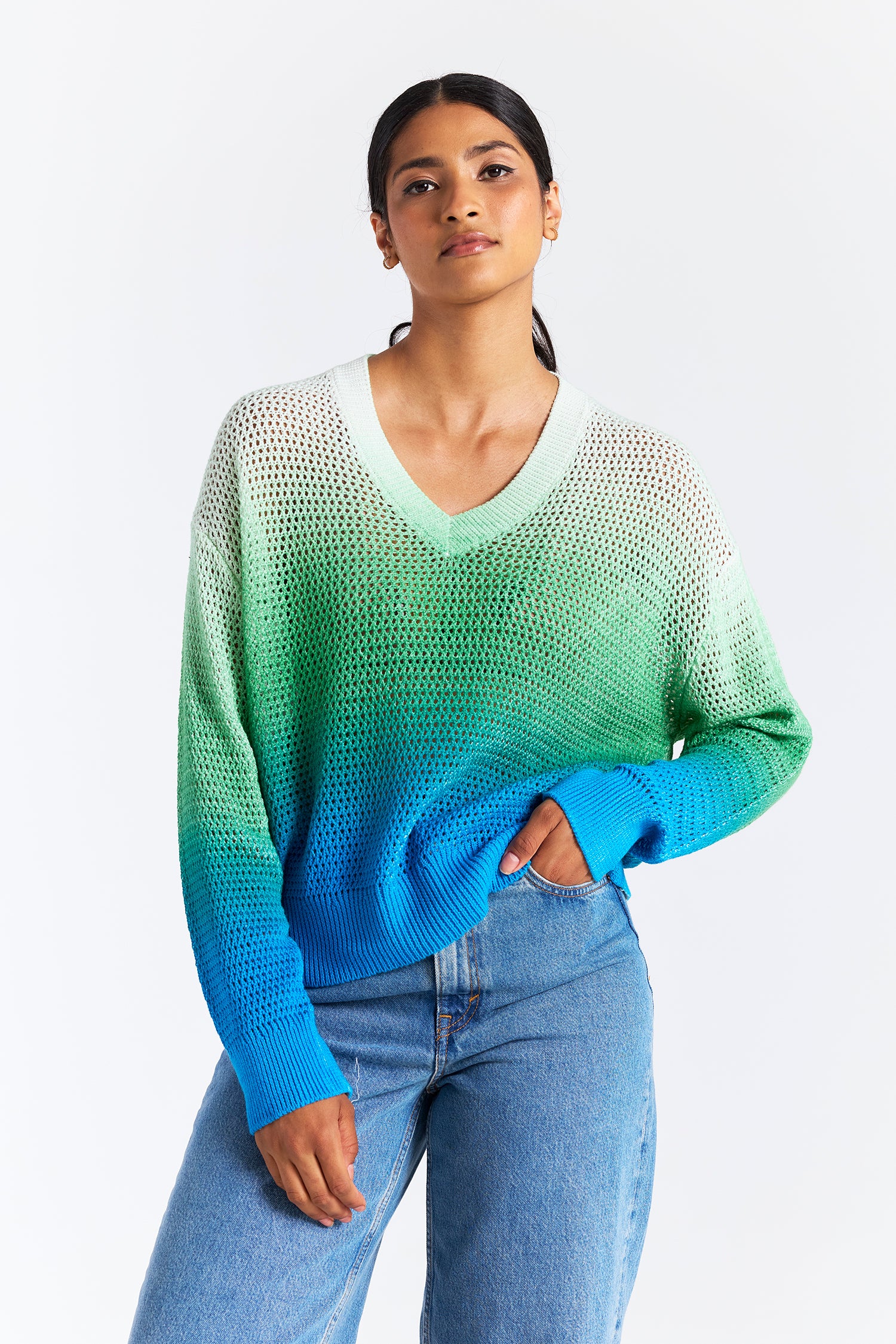 MESH DIP DYE V NECK