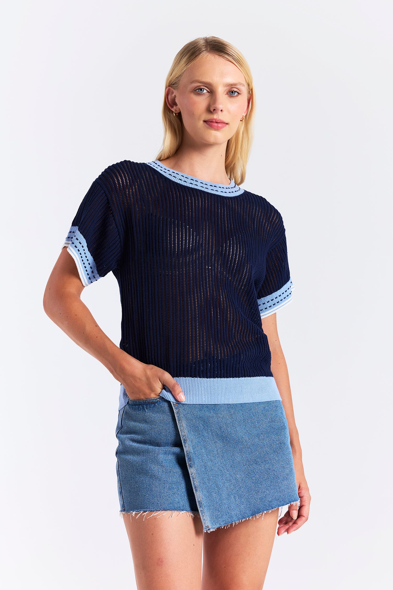 DENIM EFFECT TRIM TEE