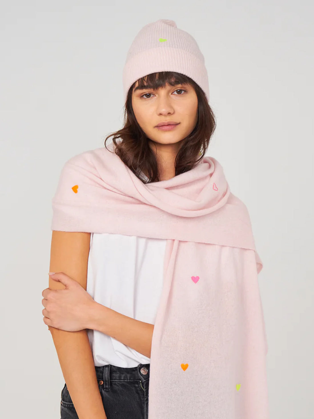 Embroidered Heart Cashmere Beanie Hat