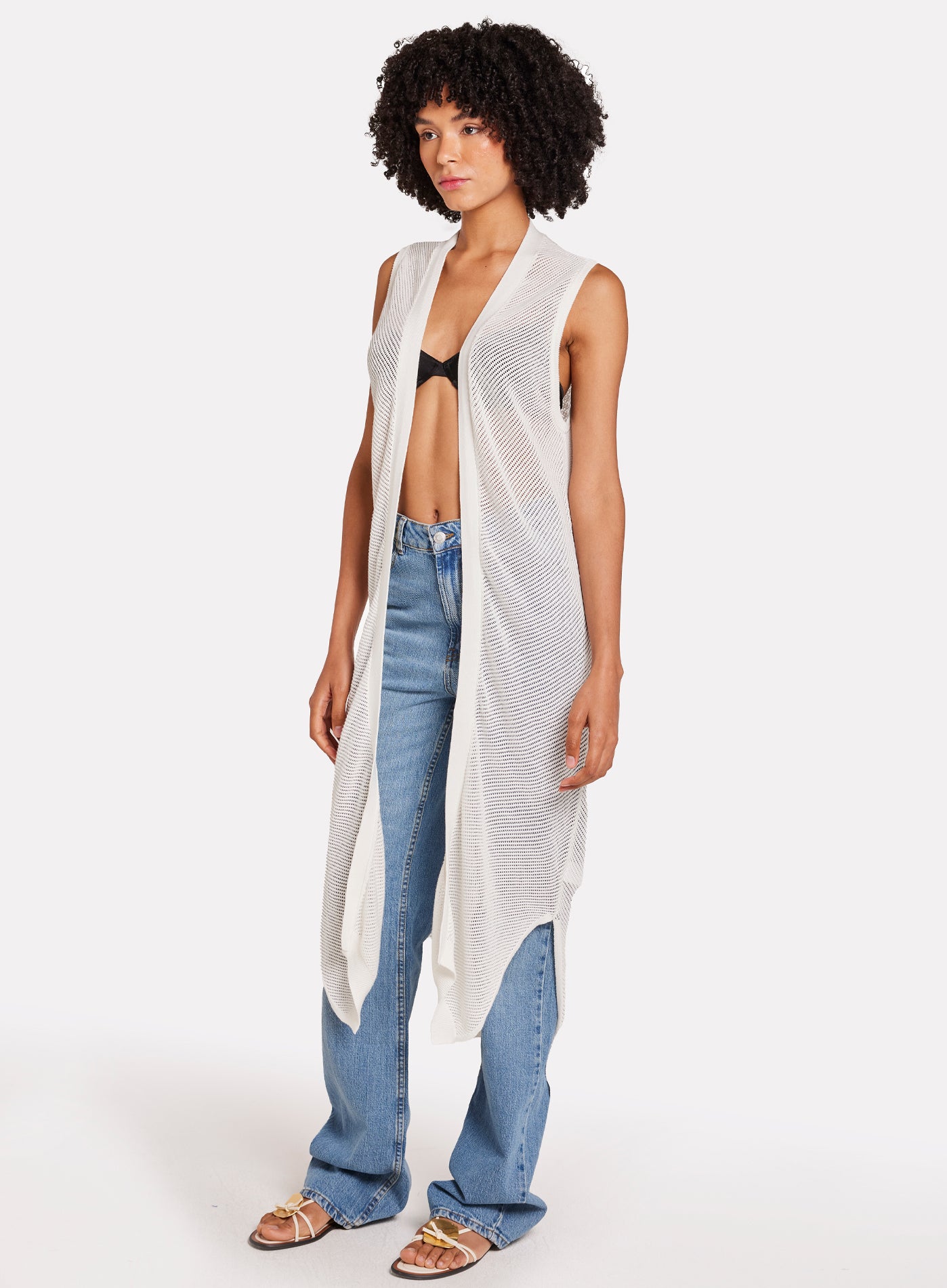 Cotton Longline Open Stitch Sleeveless Cardigan