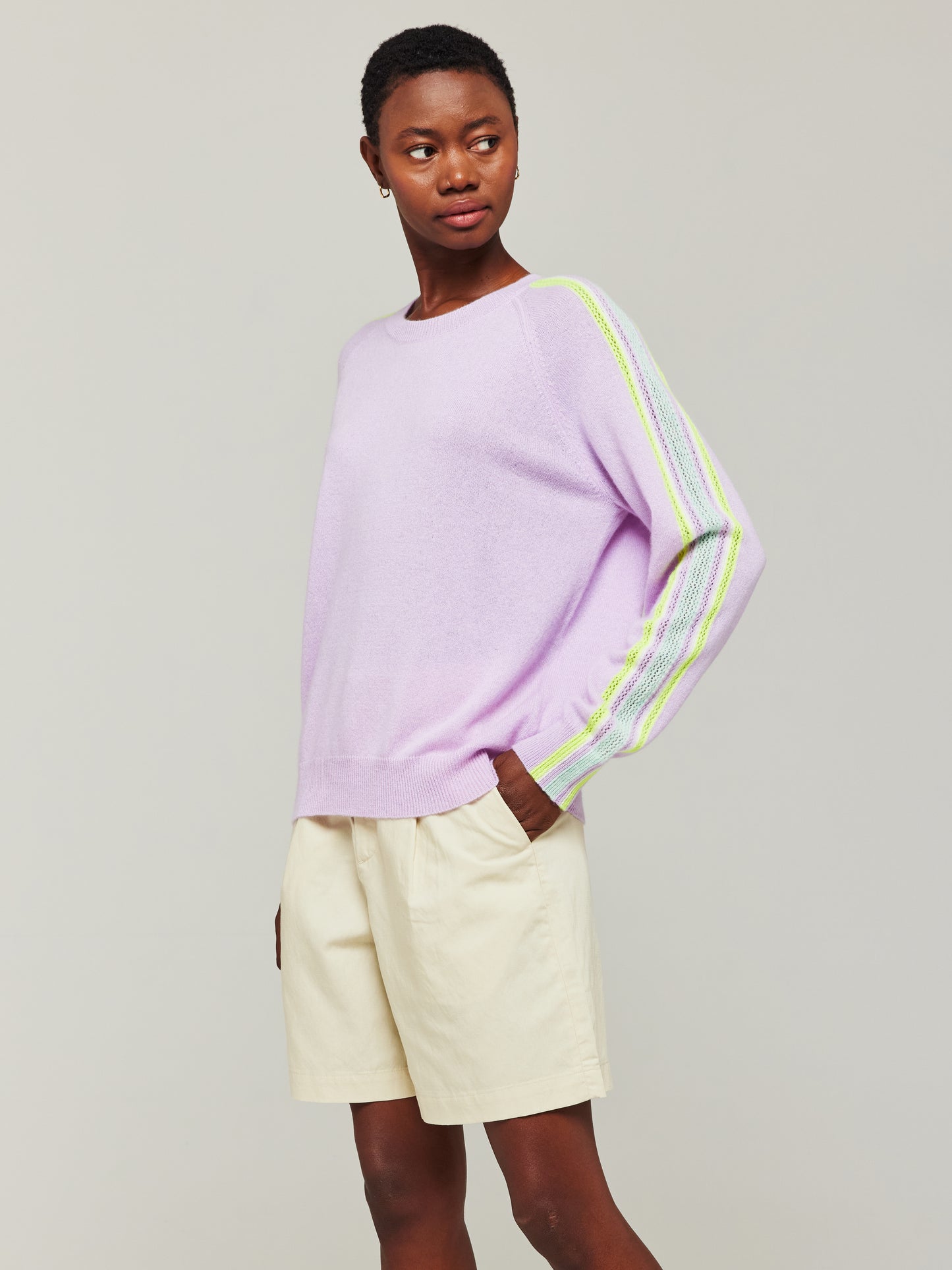 Mesh Sleeve Cashmere Crew Neck