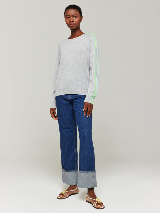 Mesh Sleeve Cashmere Crew Neck