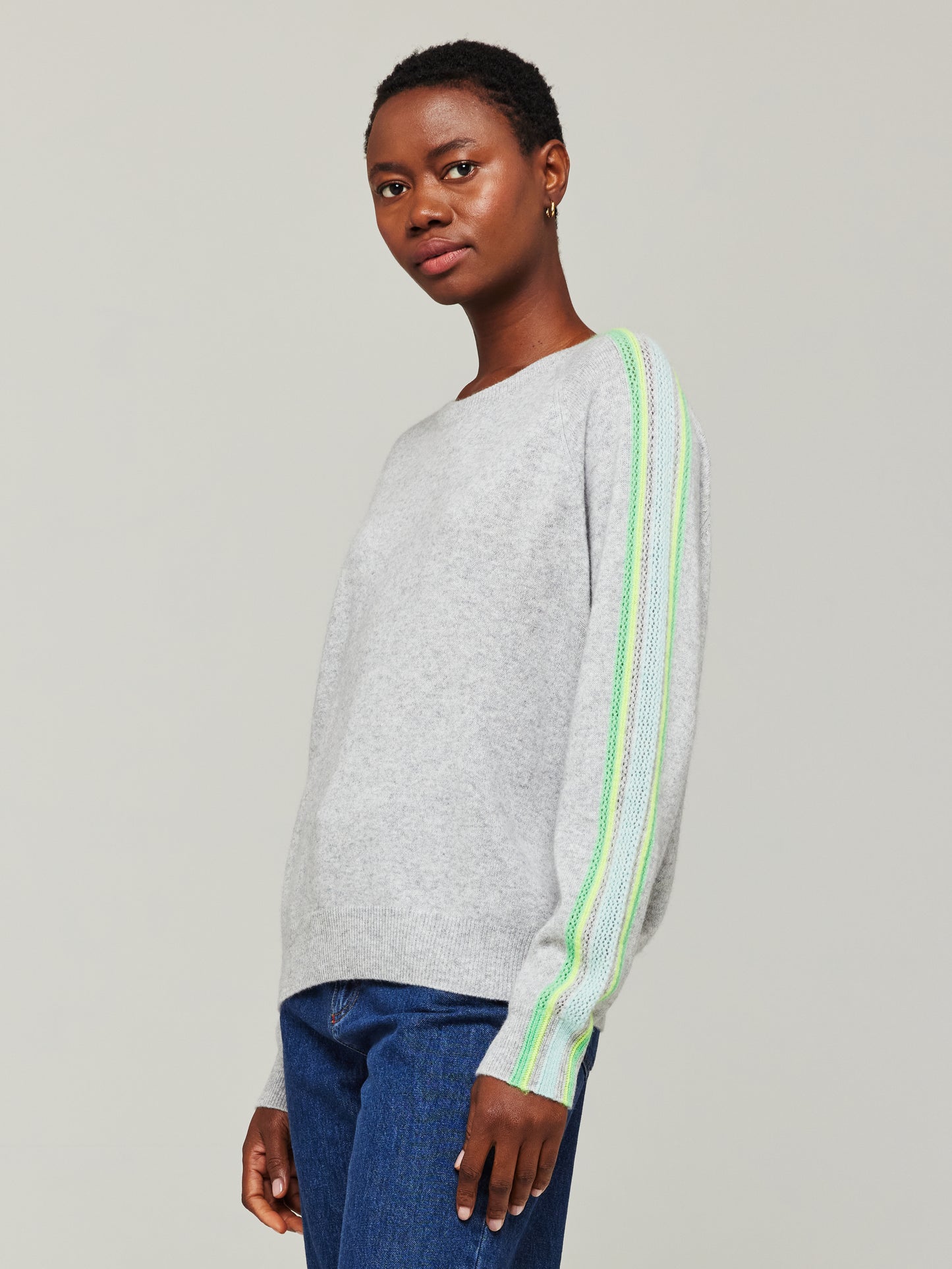 Mesh Sleeve Cashmere Crew Neck