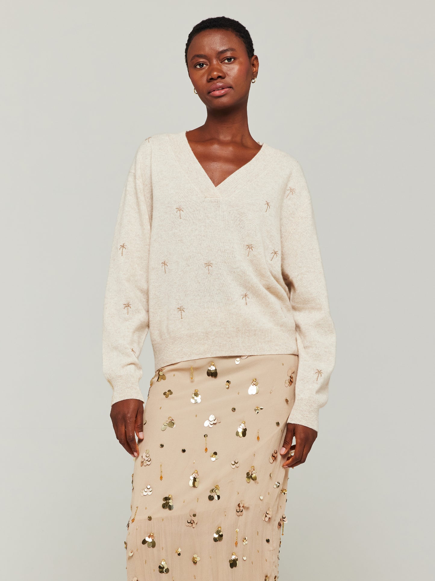 Palm Embroidered Cashmere V-Neck