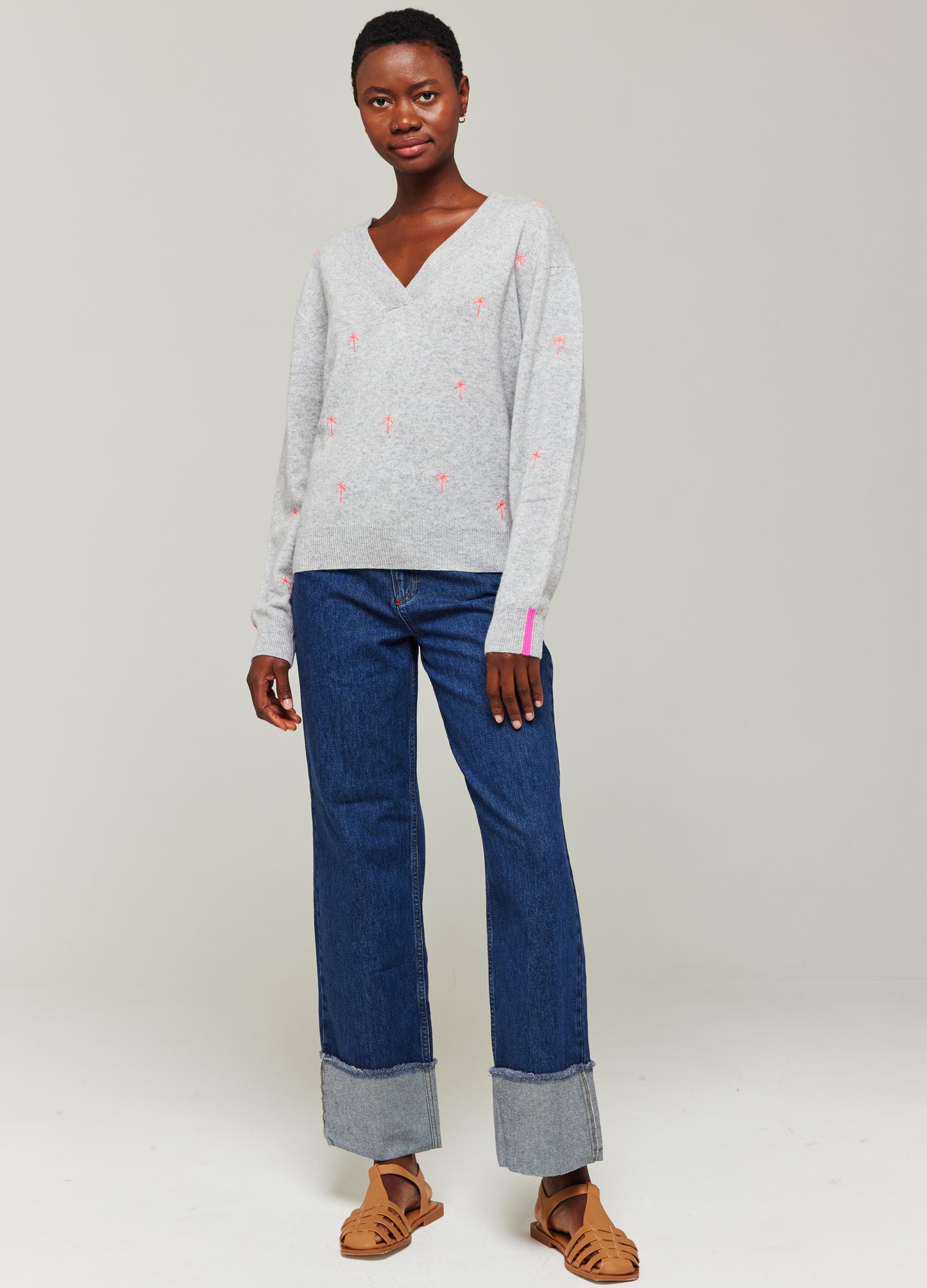 Palm Embroidered Cashmere V-Neck