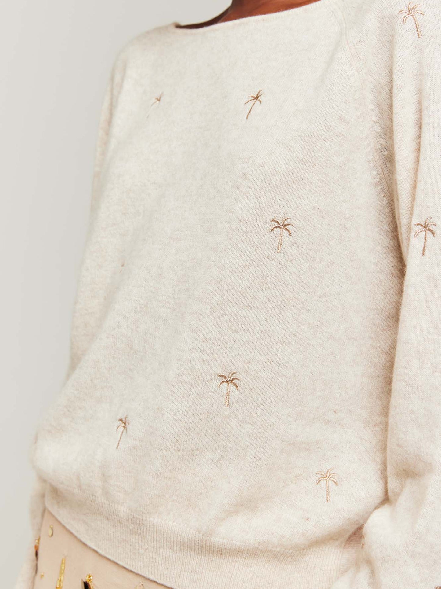 Palm Embroidered Cashmere Boat Neck