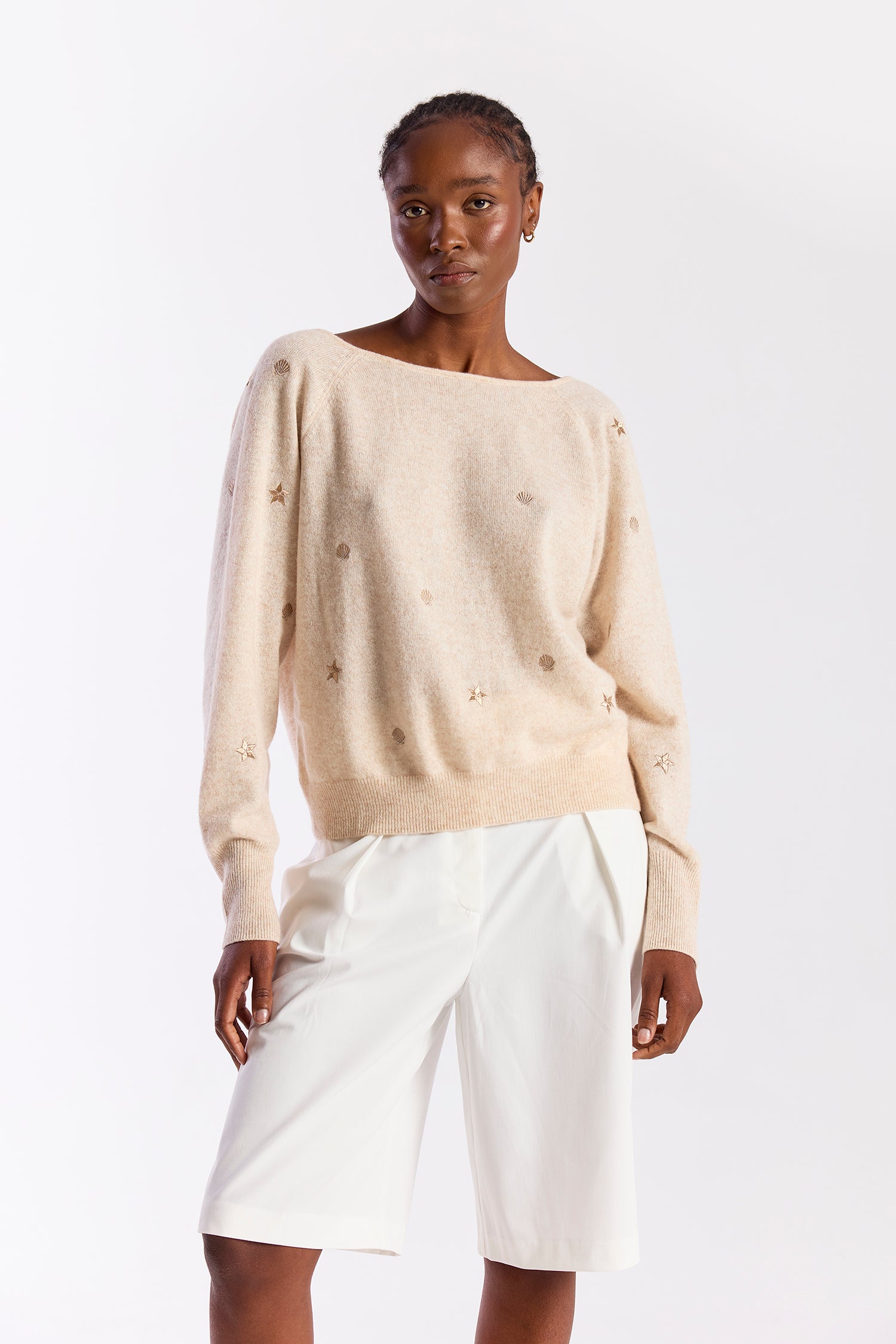 Sea Embroidery Twist Back Cashmere Jumper