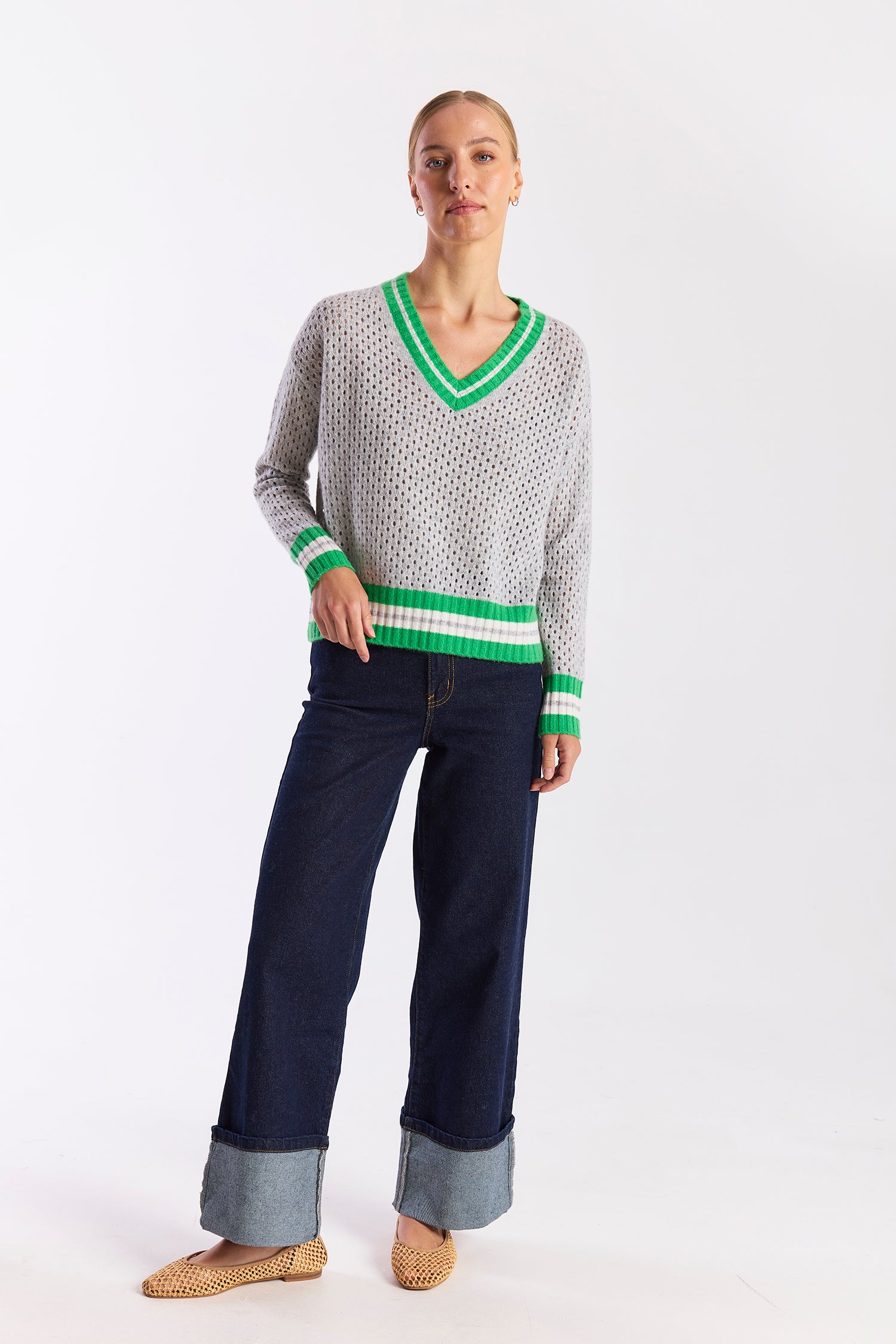 OPEN MESH CRICKET CASHMERE V-NECK