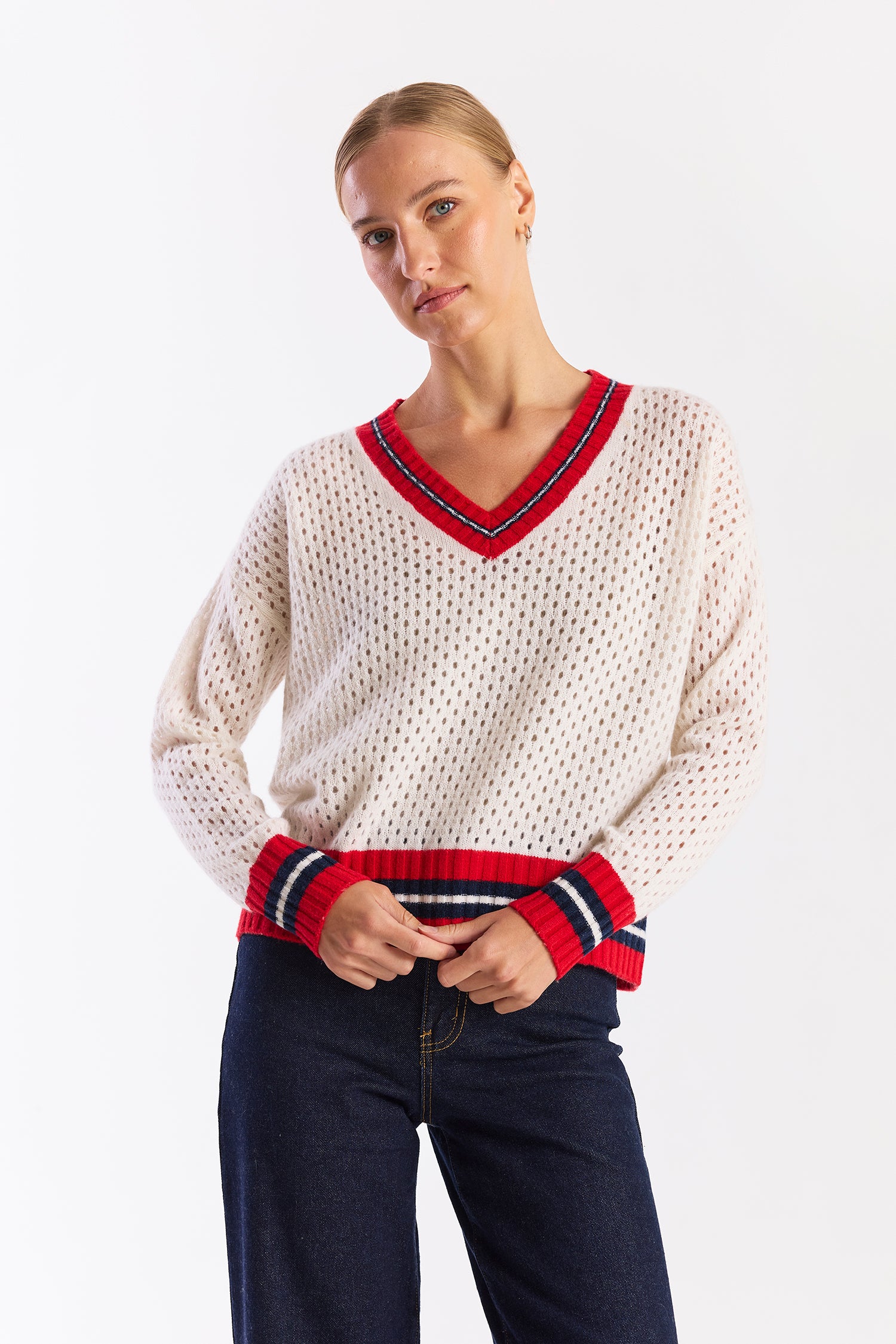 OPEN MESH CRICKET CASHMERE V-NECK