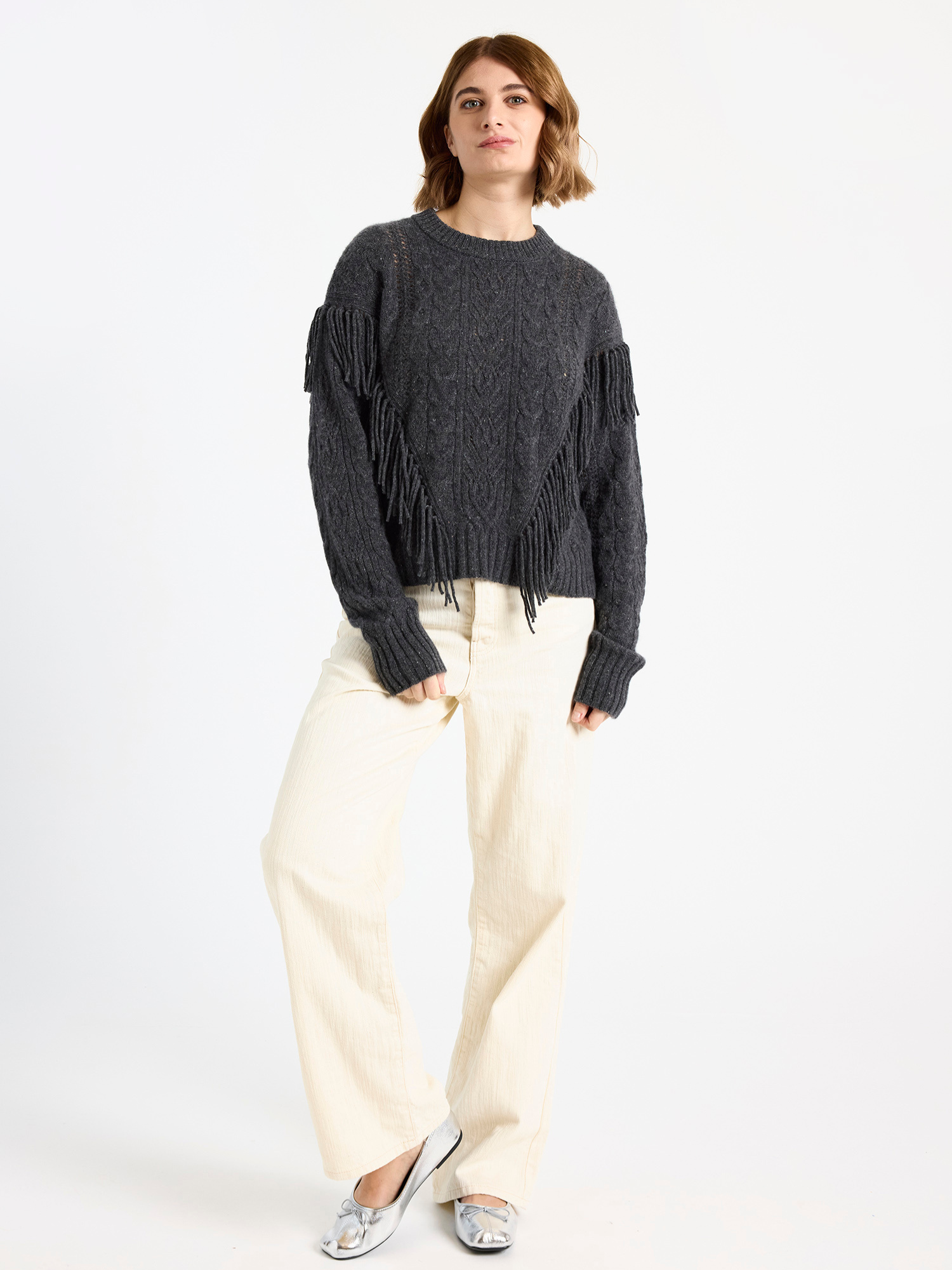Cable Fringed Cashmere Crew Neck Jumper