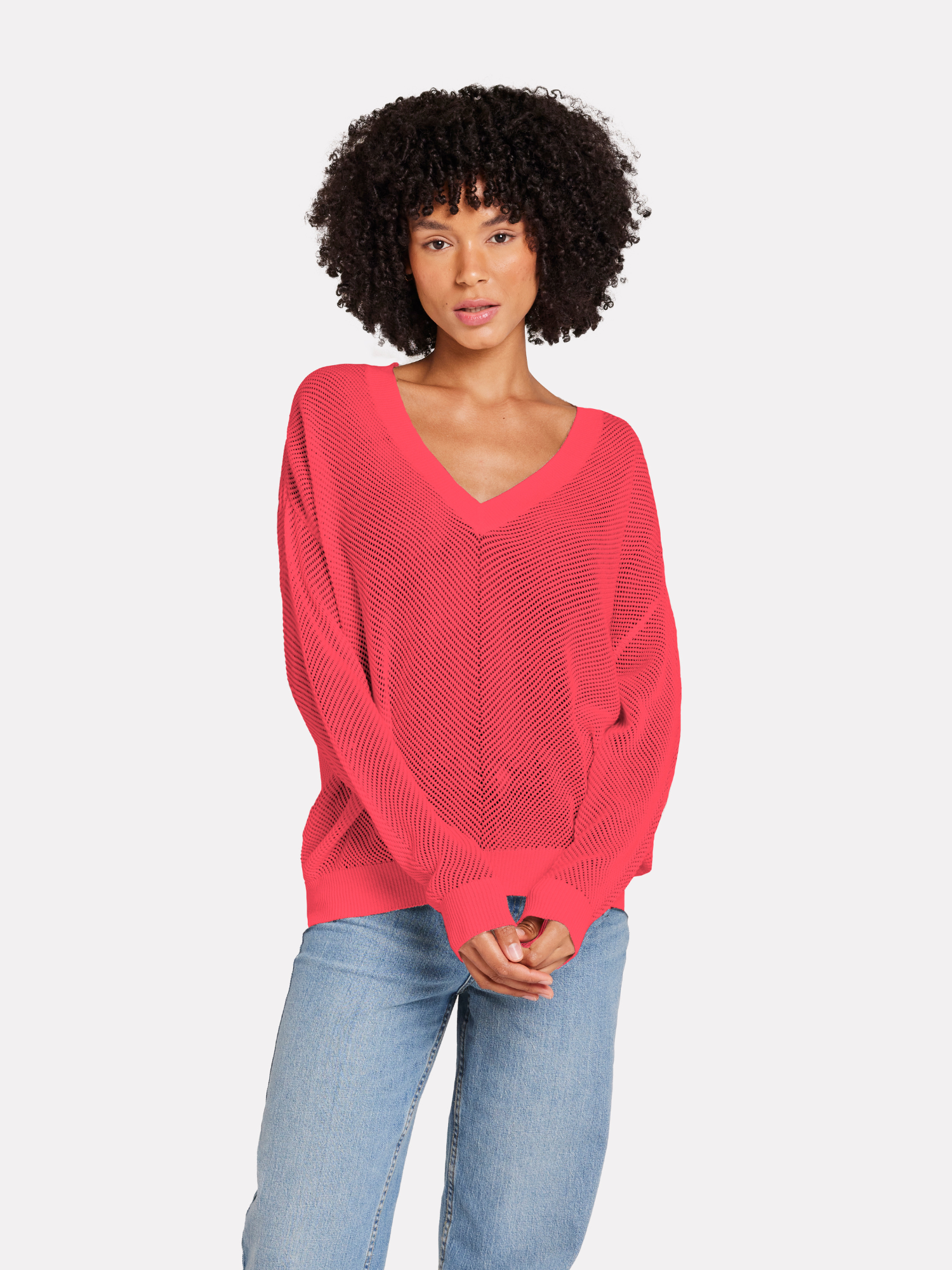 Chevron Pointelle V Neck Jumper