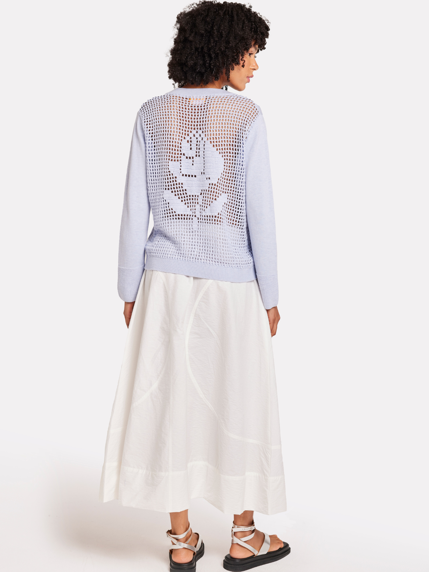 Flower Pointelle Back V Neck Jumper
