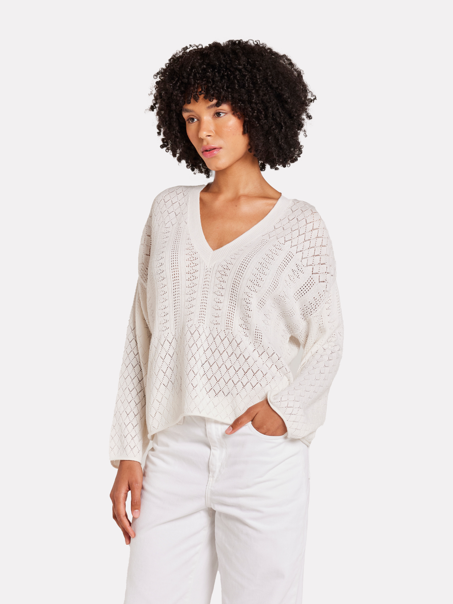 Pointelle V Neck Jumper