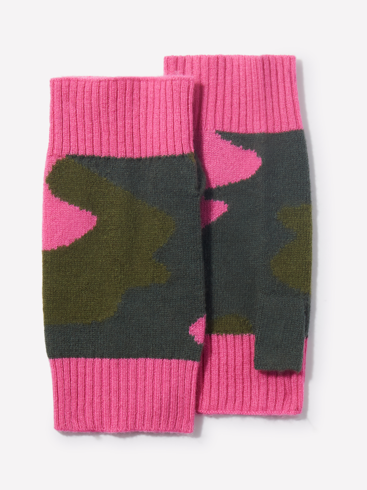 Pink and green camouflage wrist warmers on a white background