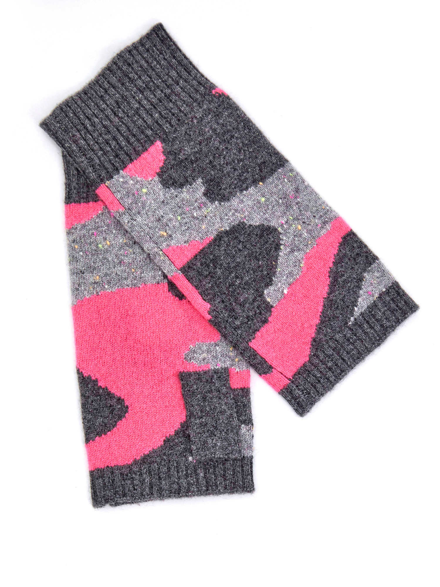 Pair of gray and pink camouflage-patterned fingerless gloves on a white background