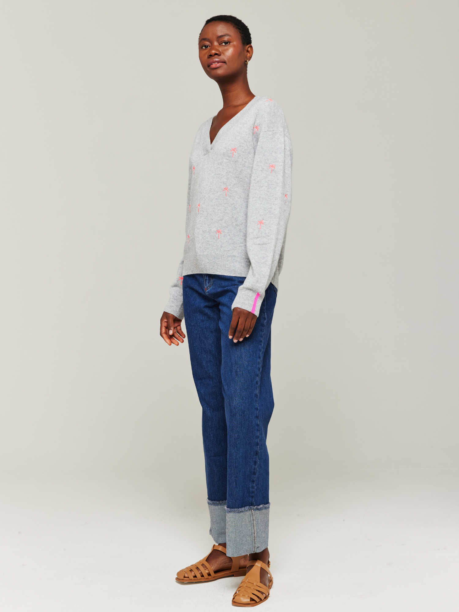 Palm Embroidered Cashmere V-Neck
