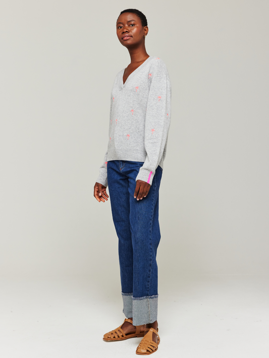 Palm Embroidered Cashmere V-Neck
