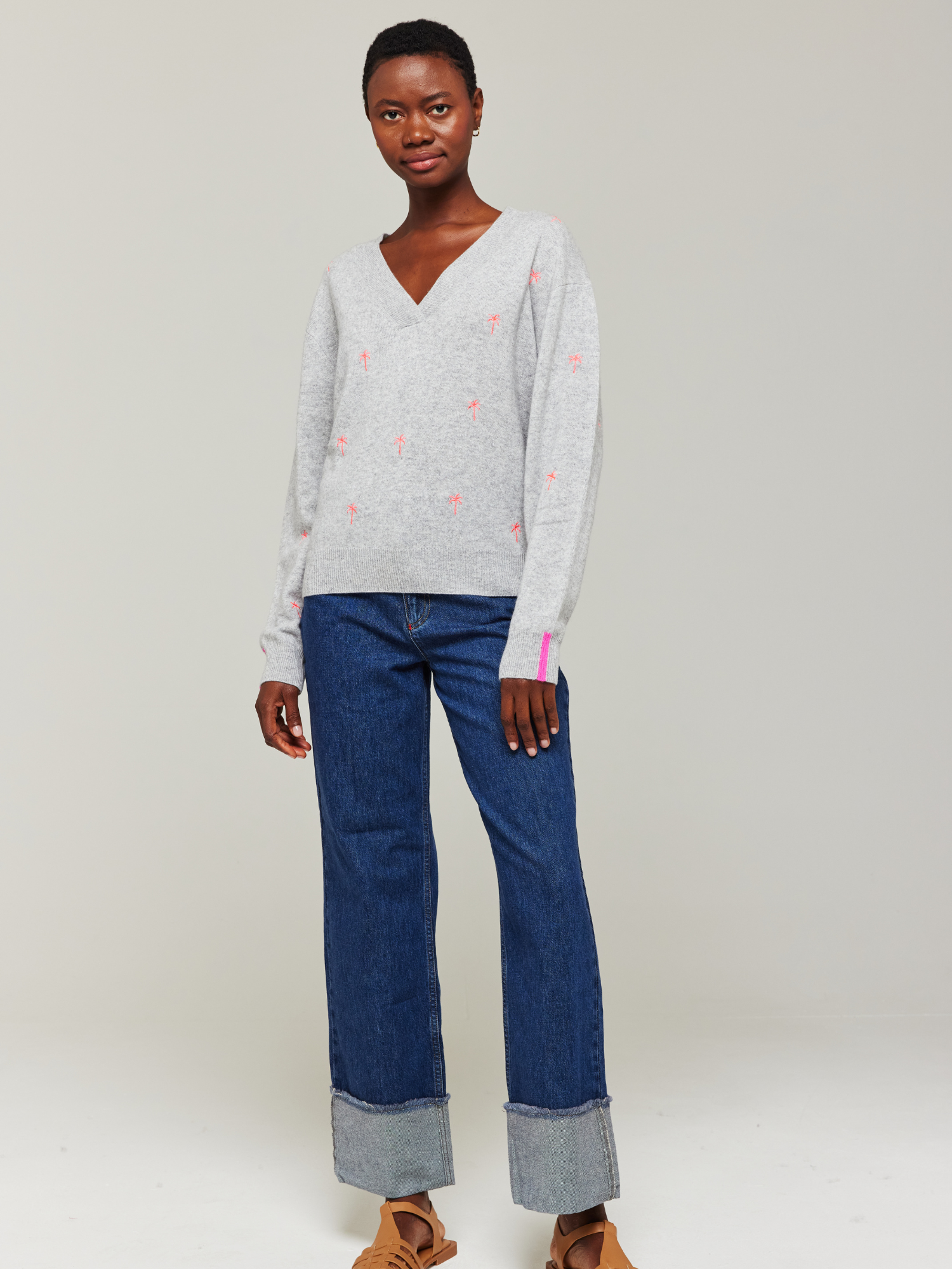 Palm Embroidered Cashmere V-Neck